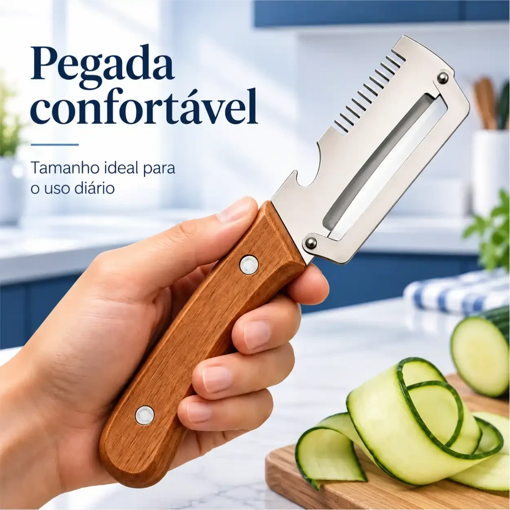 Descascador de legumes Decoricasa com lâmina de aço inox, cabo de madeira ergonômico e abridor de garrafas integrado.