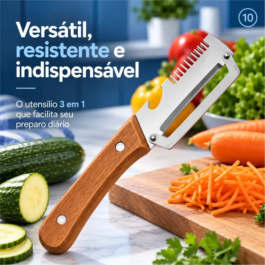 Descascador de legumes Decoricasa com lâmina larga de aço inox e cabo de madeira em tábua com vegetais frescos