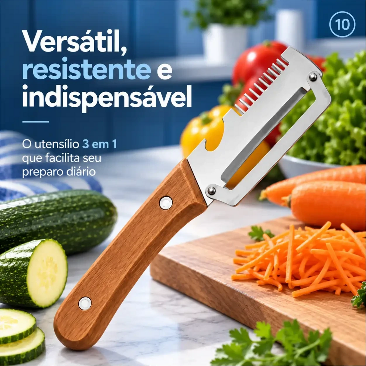 Descascador de legumes Decoricasa com lâmina larga de aço inox e cabo de madeira em tábua com vegetais frescos