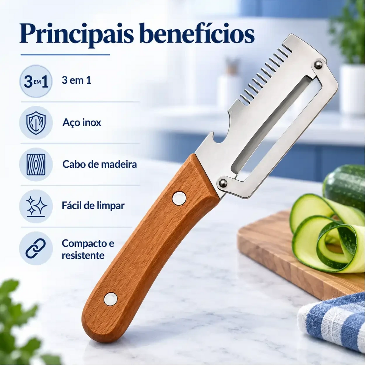 Descascador de legumes Decoricasa com lâmina de aço inox, cabo de madeira ergonômico e abridor de garrafas integrado.