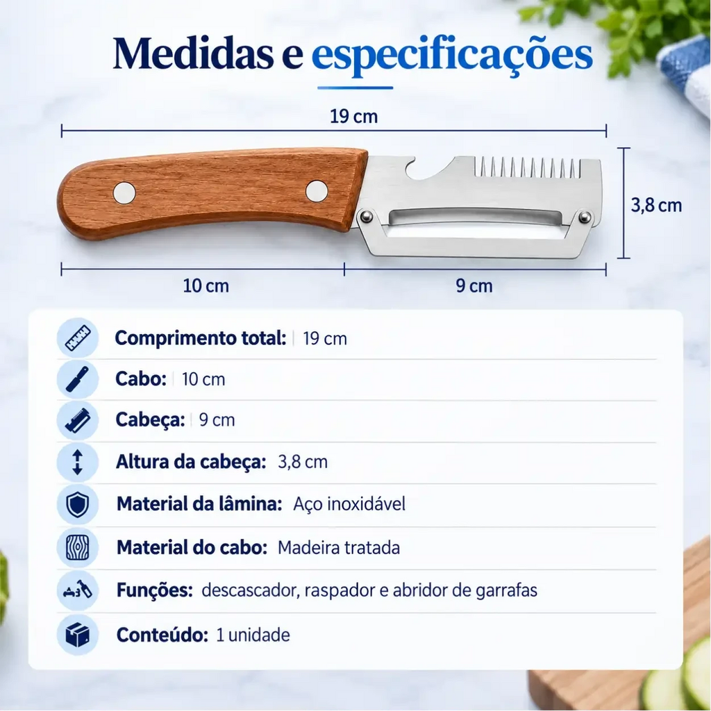 Infográfico das medidas do descascador Decoricasa com lâmina de aço inox e cabo de madeira com abridor de garrafas