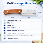 Infográfico das medidas do descascador Decoricasa com lâmina de aço inox e cabo de madeira com abridor de garrafas