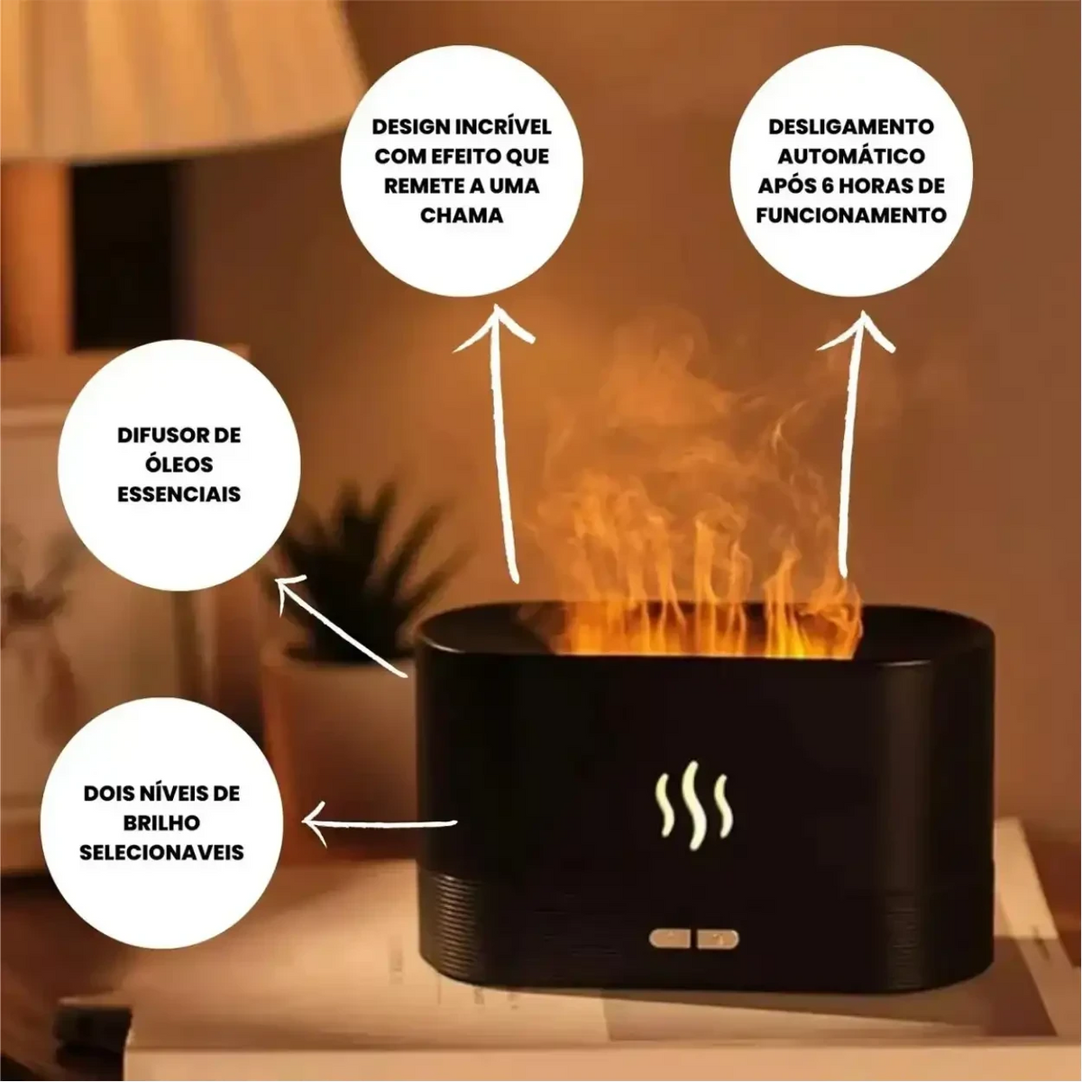 Difusor de aromas Decoricasa preto com efeito de chama LED realista, umidificador ultrassônico para óleos essenciais.