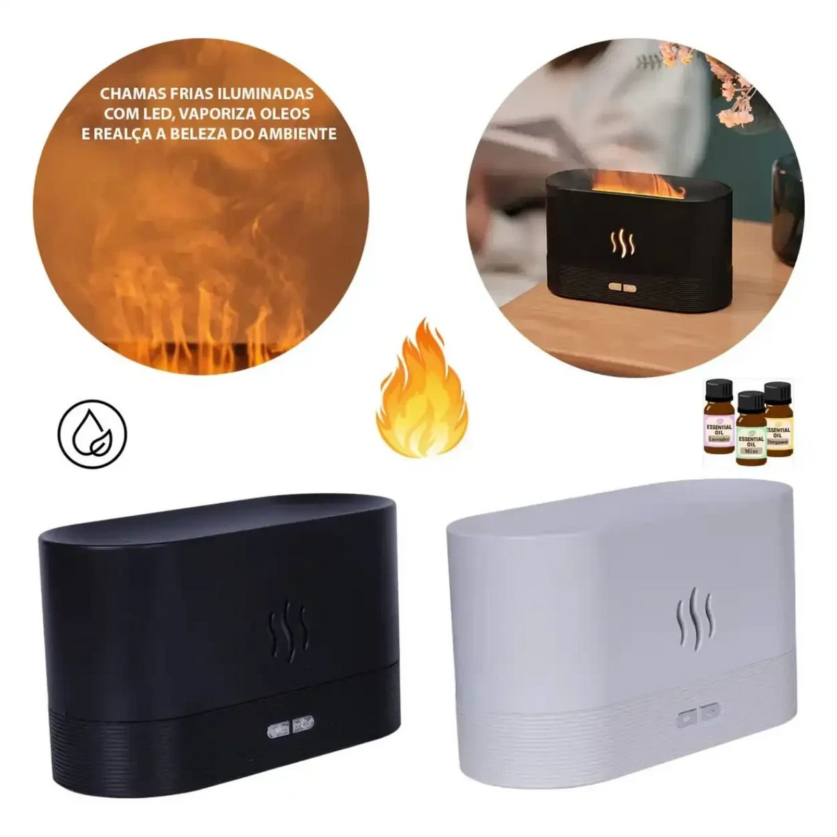 Difusor de Aromas com Chama LED Decoricasa nas cores preto e branco com efeito de névoa e luz que imita fogo