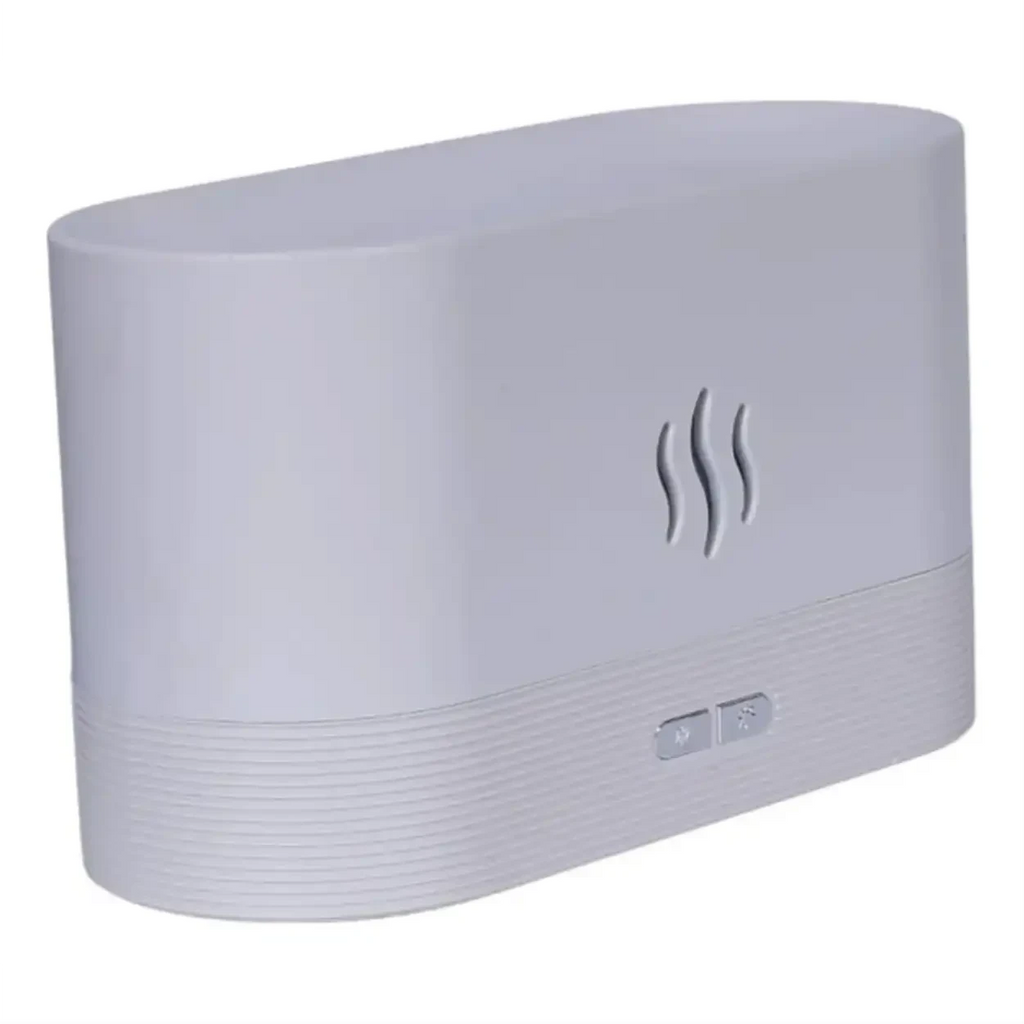 Difusor de aromas Decoricasa cinza com design minimalista e efeito de chama LED para umidificação e aromaterapia