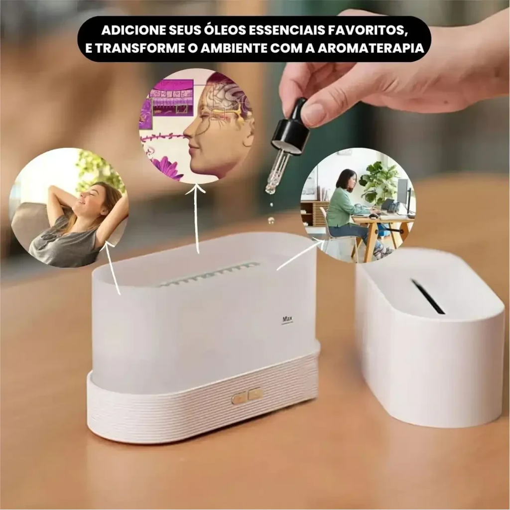 Difusor de aromas Decoricasa branco com efeito de chama LED, sendo abastecido com óleo essencial para aromaterapia.