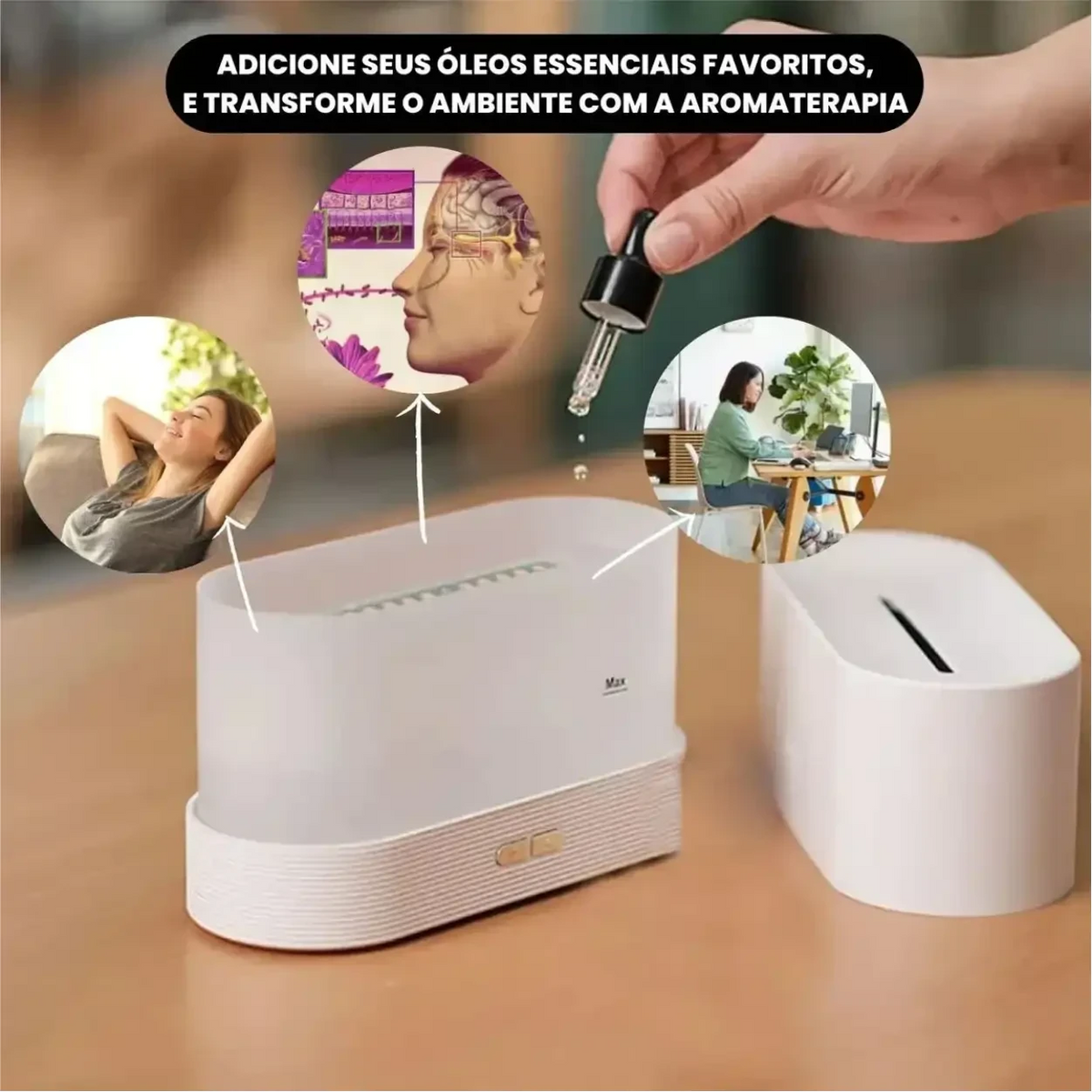 Difusor de aromas Decoricasa branco com efeito de chama LED, sendo abastecido com óleo essencial para aromaterapia.