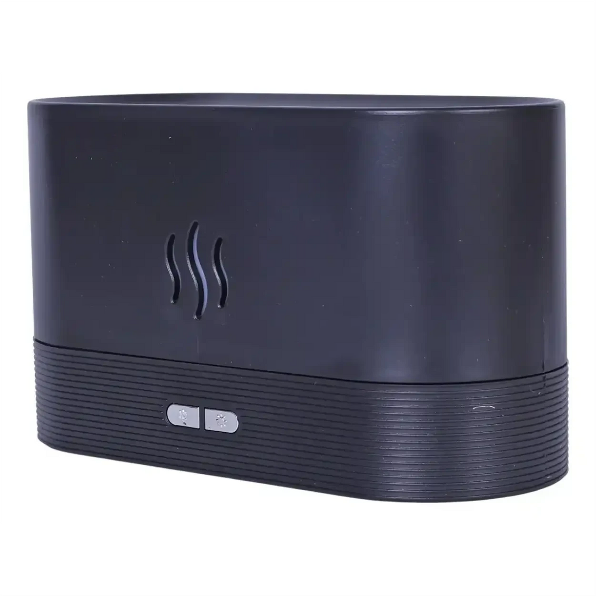 Difusor de aromas Decoricasa preto com design moderno, efeito de chama LED e botões de controle frontais.