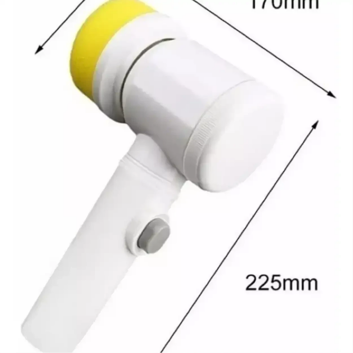 Escova elétrica de limpeza Decoricasa 5 em 1 com cabeça amarela, design ergonômico e medidas de 225mm por 170mm.