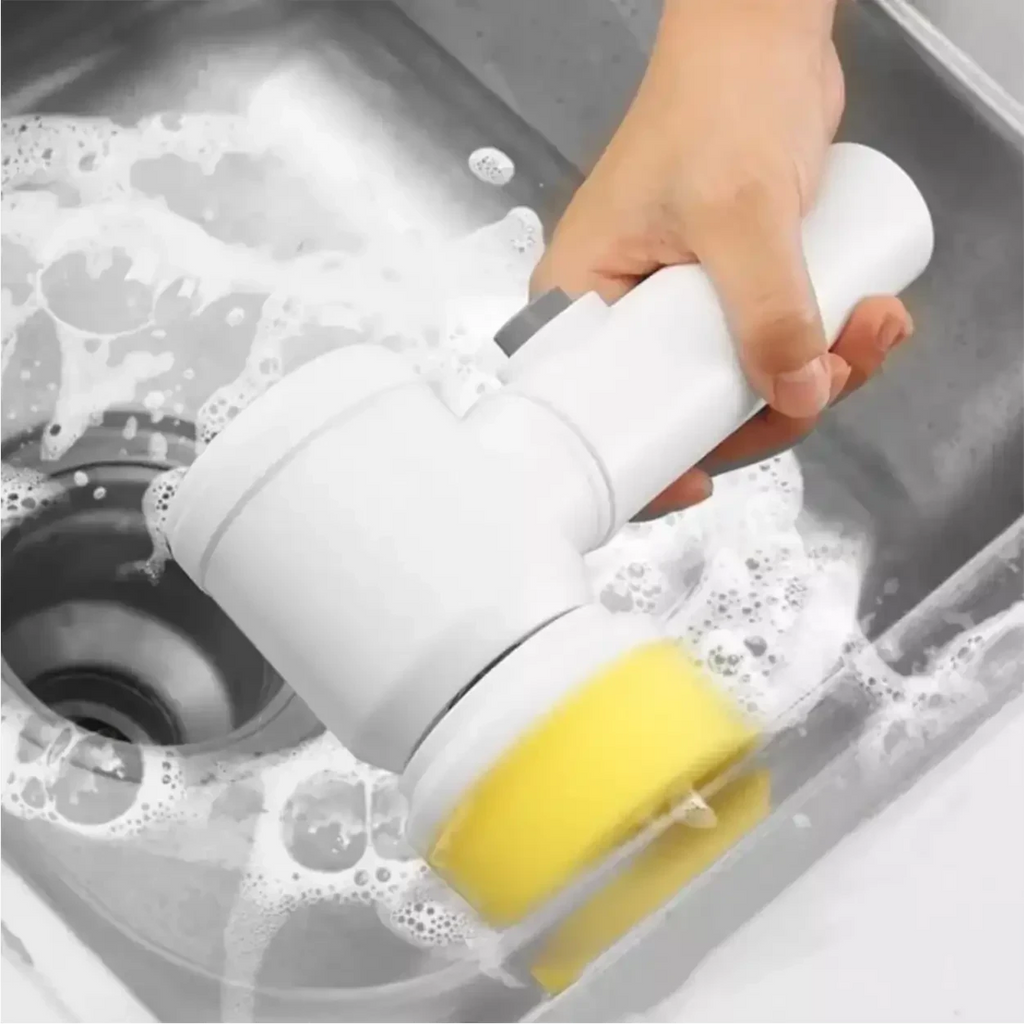 Escova elétrica de limpeza Decoricasa 5 em 1 com cabeça amarela removendo gordura de pia de inox com espuma