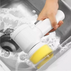 Escova elétrica de limpeza Decoricasa 5 em 1 com cabeça amarela removendo gordura de pia de inox com espuma