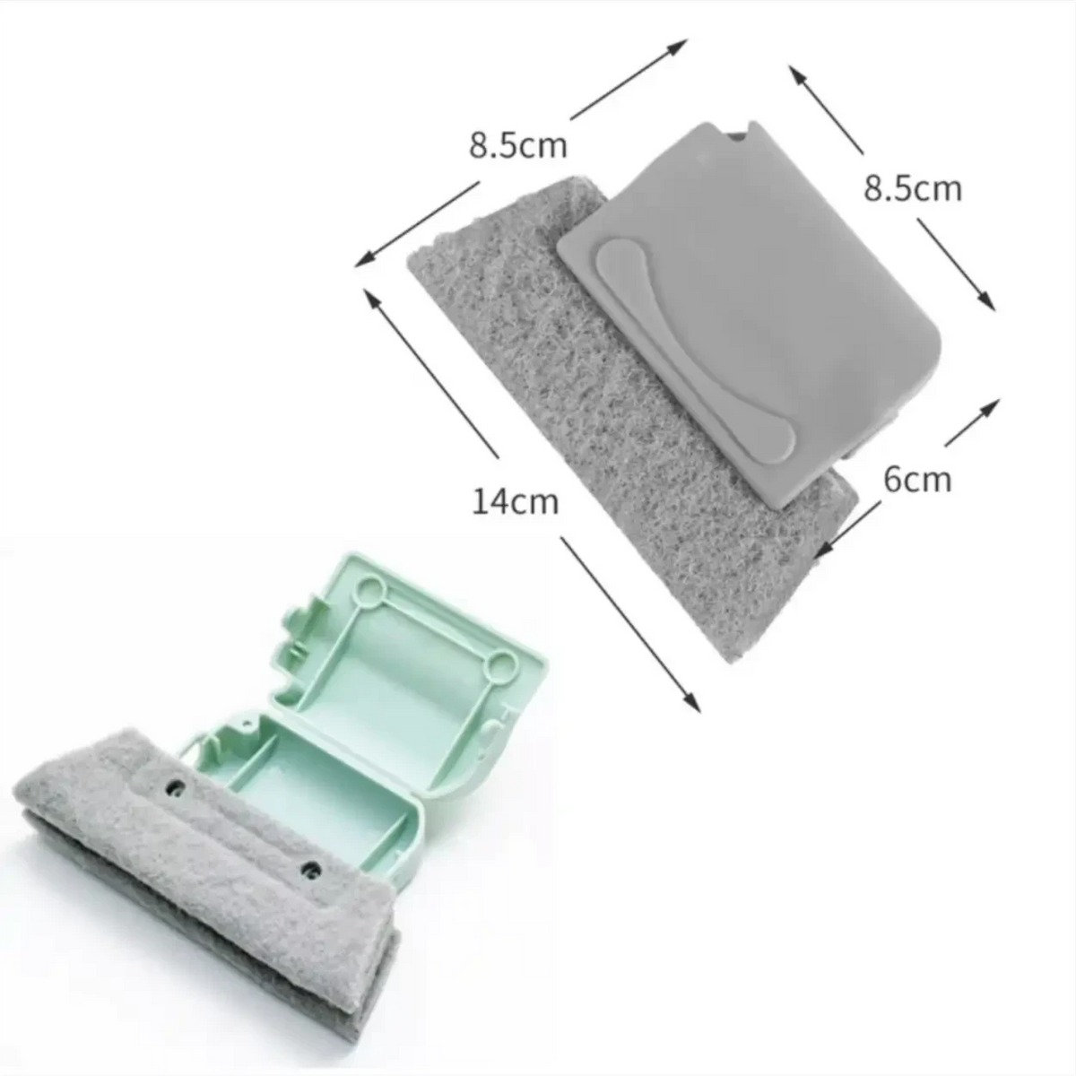 Kit de limpeza FrestaClean Decoricasa com esponjas cinzas e cabos plásticos verde e cinza, mostrando medidas técnicas.