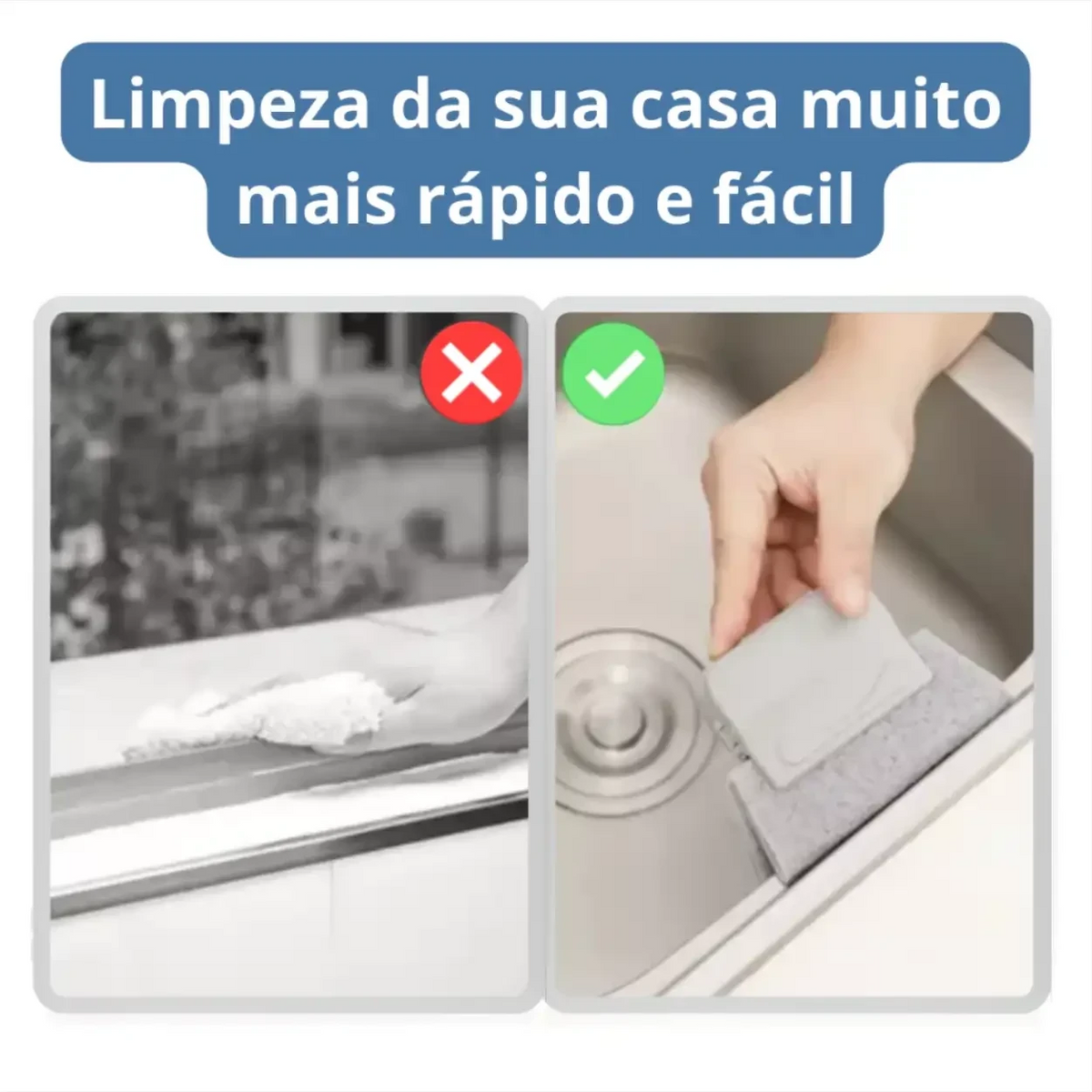Decoricasa FrestaClean comparando limpeza de trilho com pano versus escova de limpeza eficiente em pia de cozinha