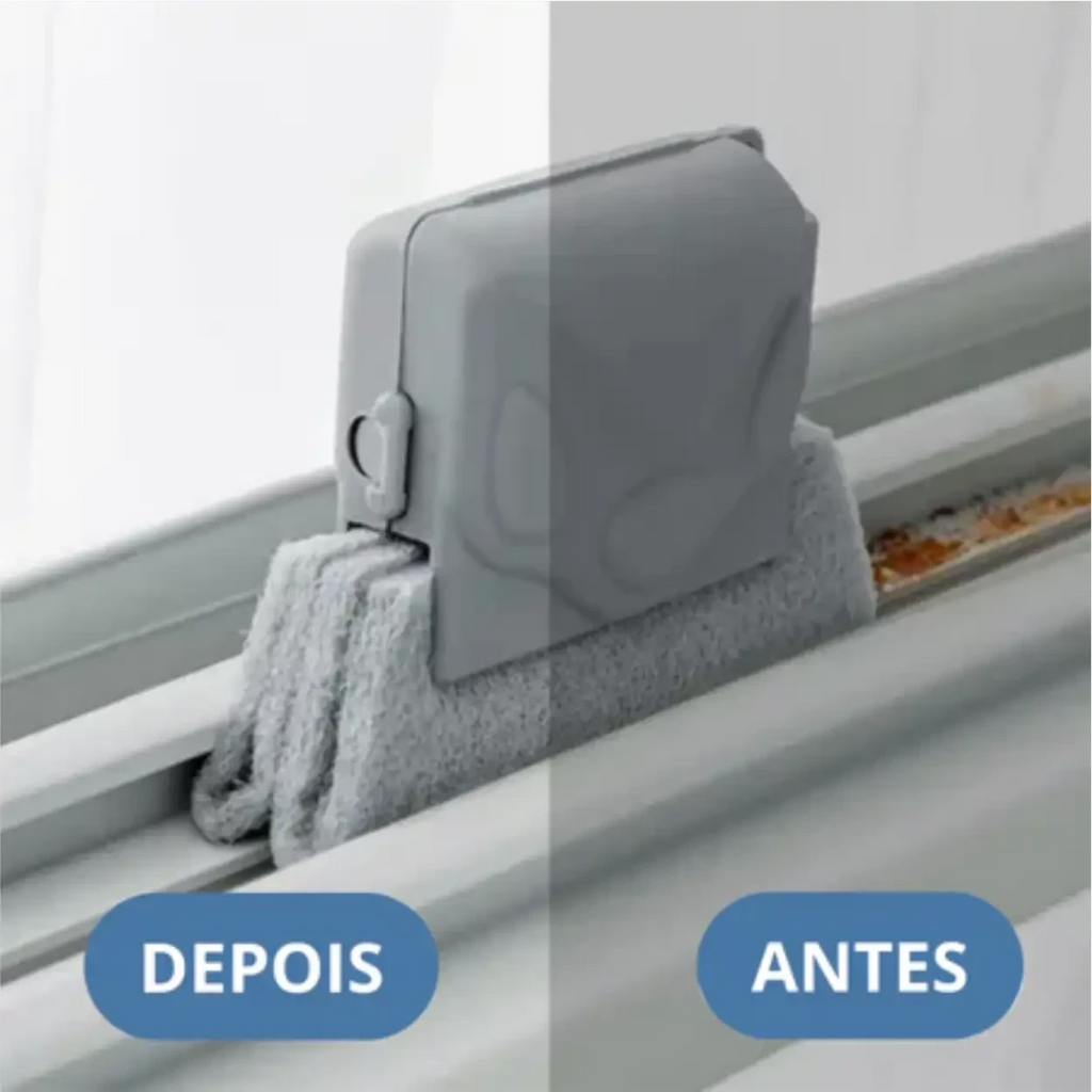 Escova de limpeza Decoricasa para trilhos de janelas mostrando o antes e depois da remoção de sujeira encrustada