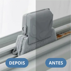 Escova de limpeza Decoricasa para trilhos de janelas mostrando o antes e depois da remoção de sujeira encrustada