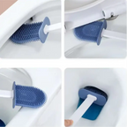 Escova sanitária de silicone azul Decoricasa limpando cantos e bordas internas de vaso sanitário de forma flexível