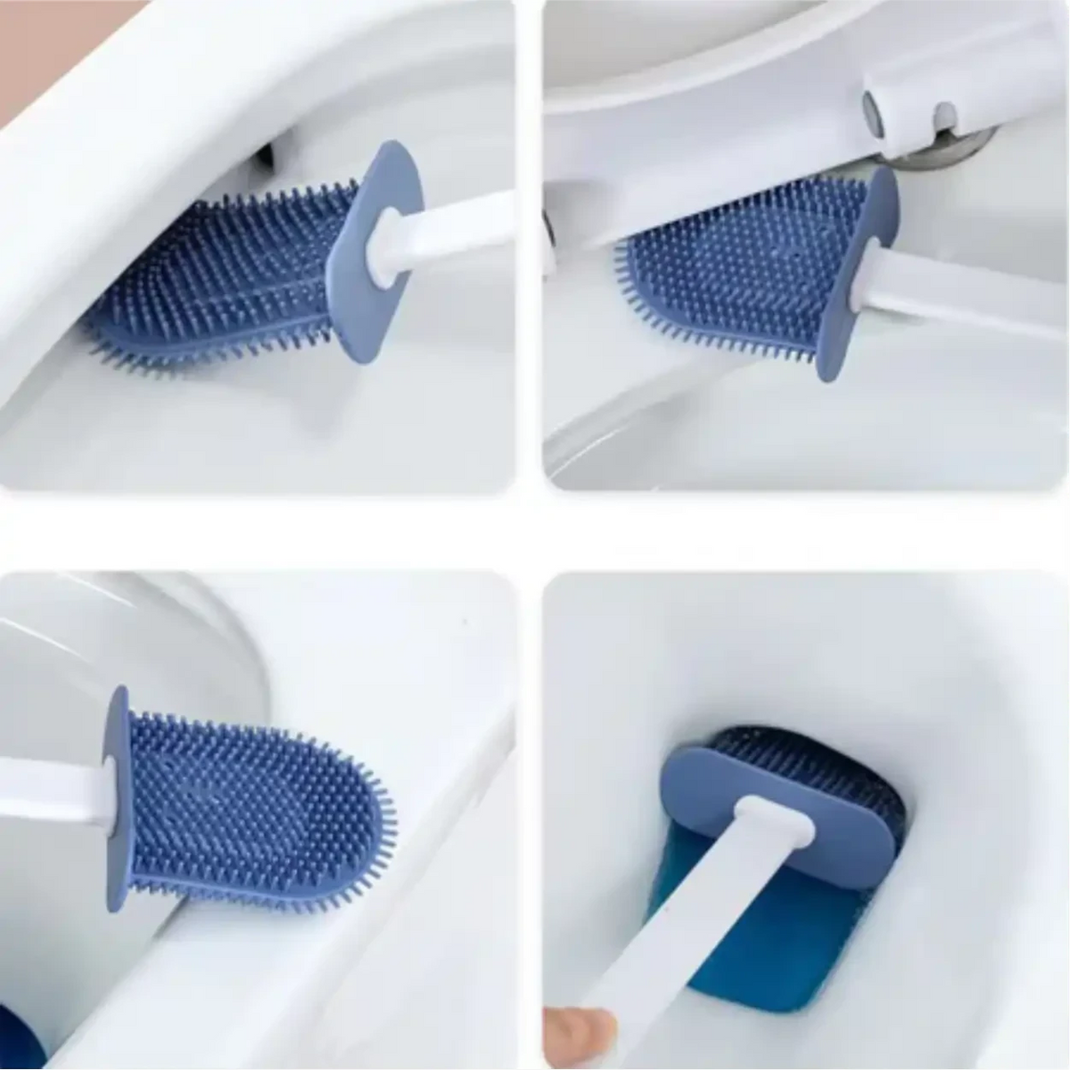 Escova sanitária de silicone azul Decoricasa limpando cantos e bordas internas de vaso sanitário de forma flexível