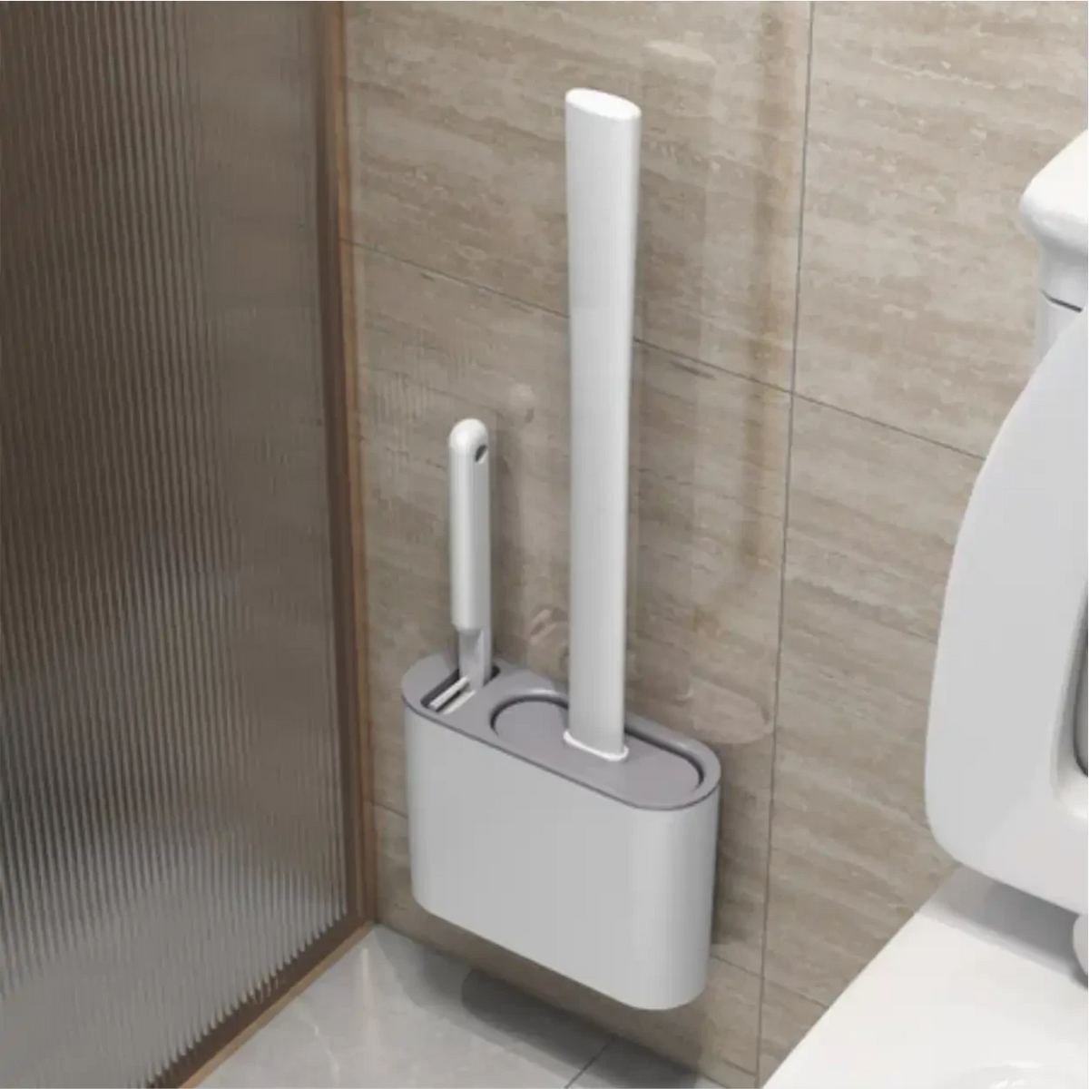 Escova sanitária de silicone Decoricasa com suporte de parede cinza e branco para limpeza higiênica do vaso