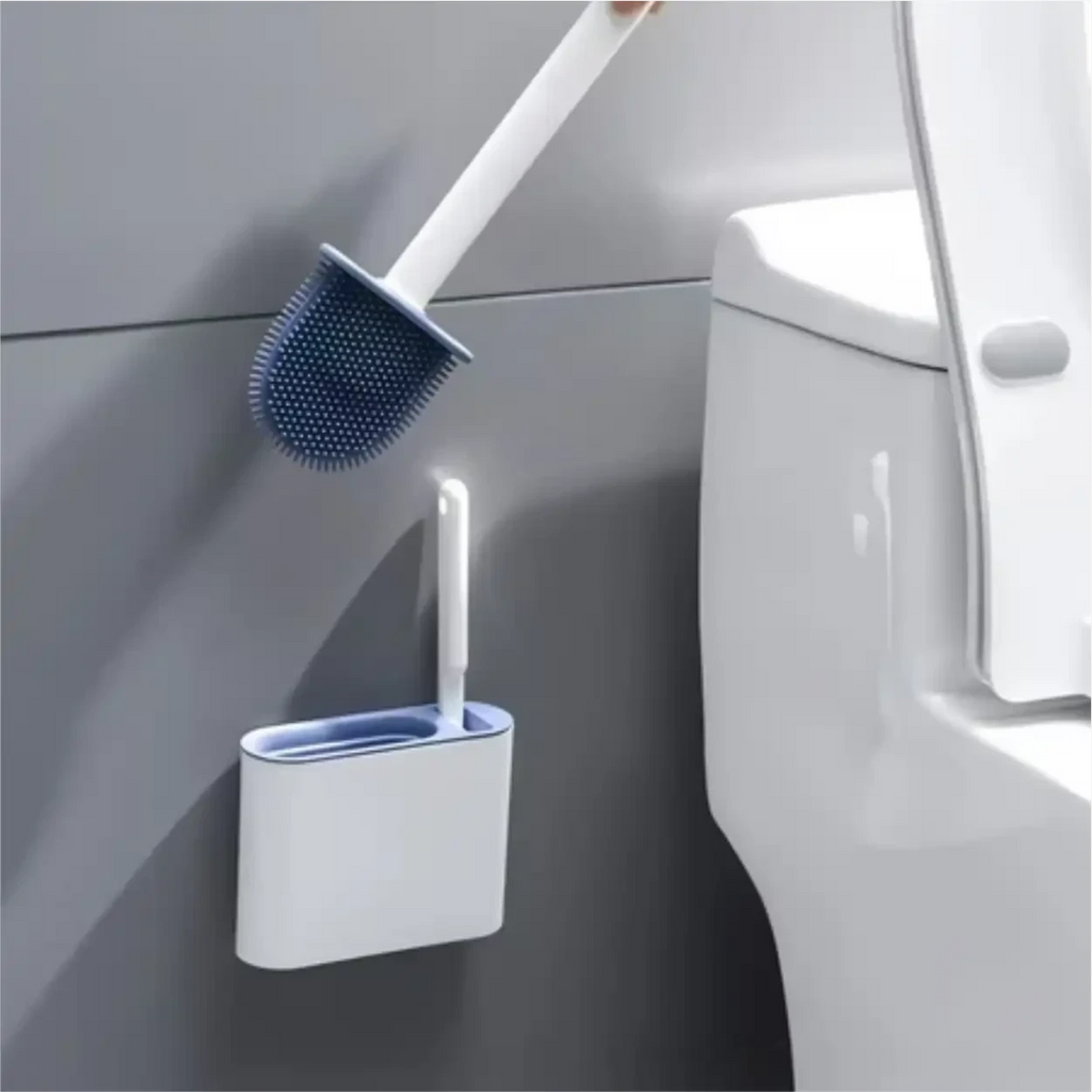 Escova sanitária de silicone Decoricasa azul e branca com suporte de parede para limpeza higiênica do vaso