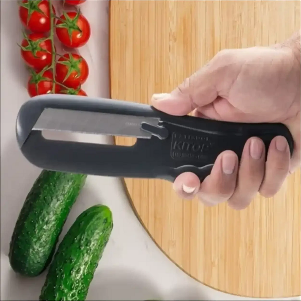 Mão segurando o fatiador de legumes CortaJá™ da Decoricasa sobre tábua de bambu com pepinos e tomates cereja.