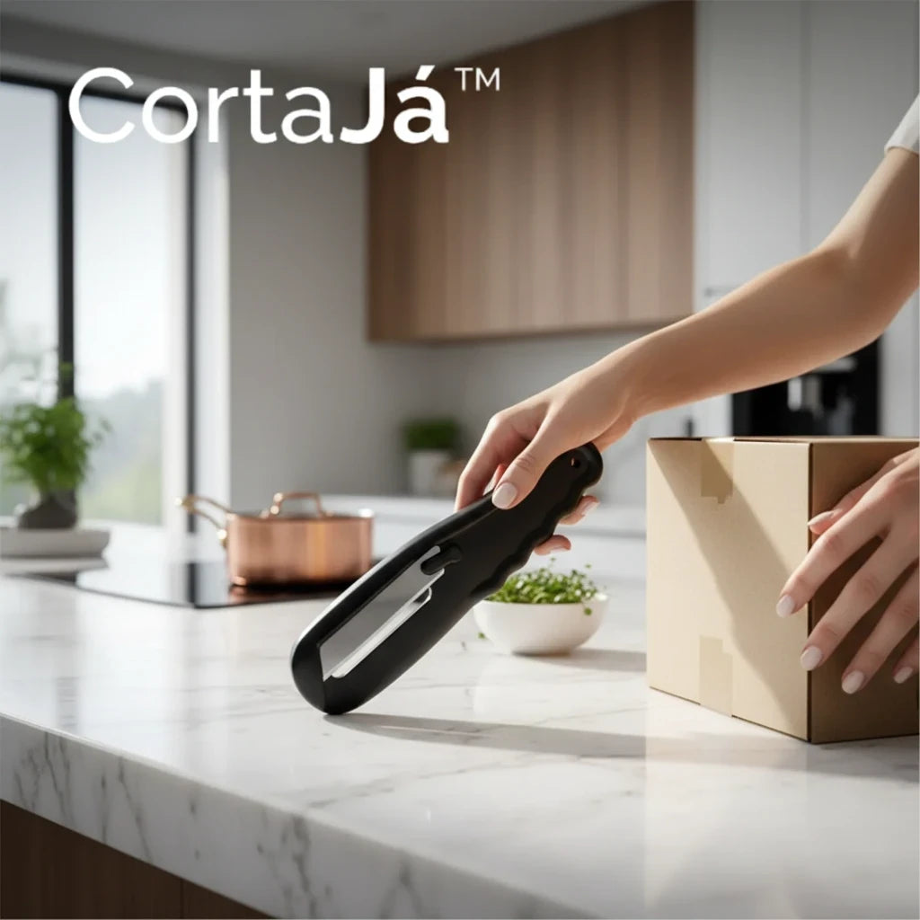 Fatiador de legumes CortaJá Decoricasa preto com design ergonômico sendo manuseado em bancada de cozinha moderna