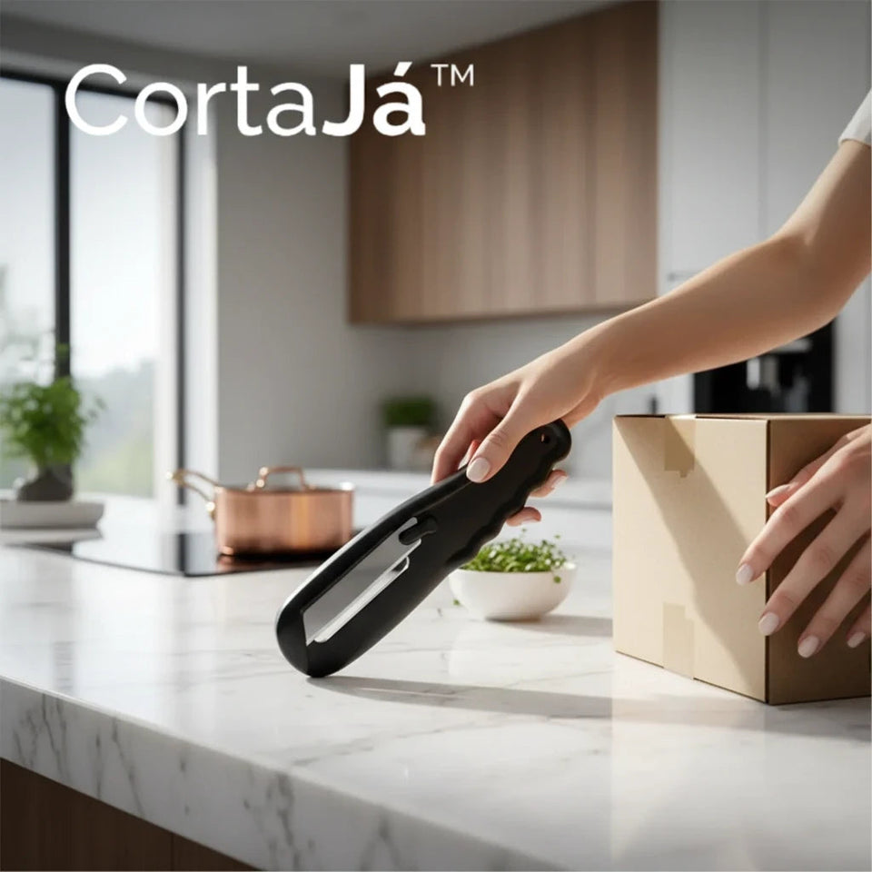 Fatiador de legumes CortaJá Decoricasa preto com design ergonômico sendo manuseado em bancada de cozinha moderna