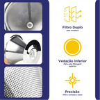 Infográfico do filtro de café inox 103 da Decoricasa mostrando detalhes da malha dupla, vedação e corte a laser.