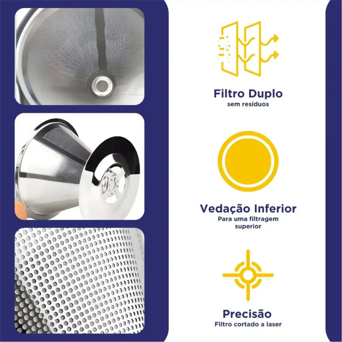 Infográfico do filtro de café inox 103 da Decoricasa mostrando detalhes da malha dupla, vedação e corte a laser.