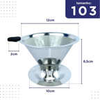 Filtro de café reutilizável Decoricasa tamanho 103 em aço inox com medidas técnicas detalhadas