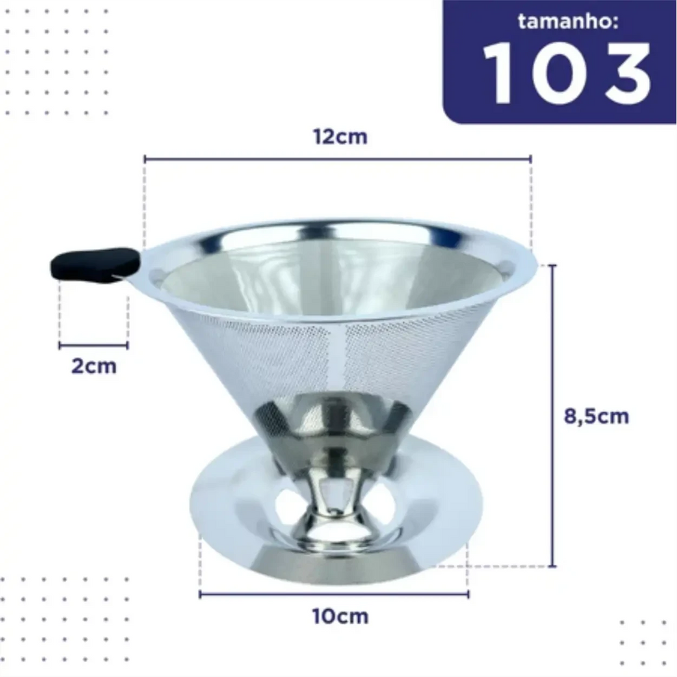Filtro de café reutilizável Decoricasa tamanho 103 em aço inox com medidas técnicas detalhadas