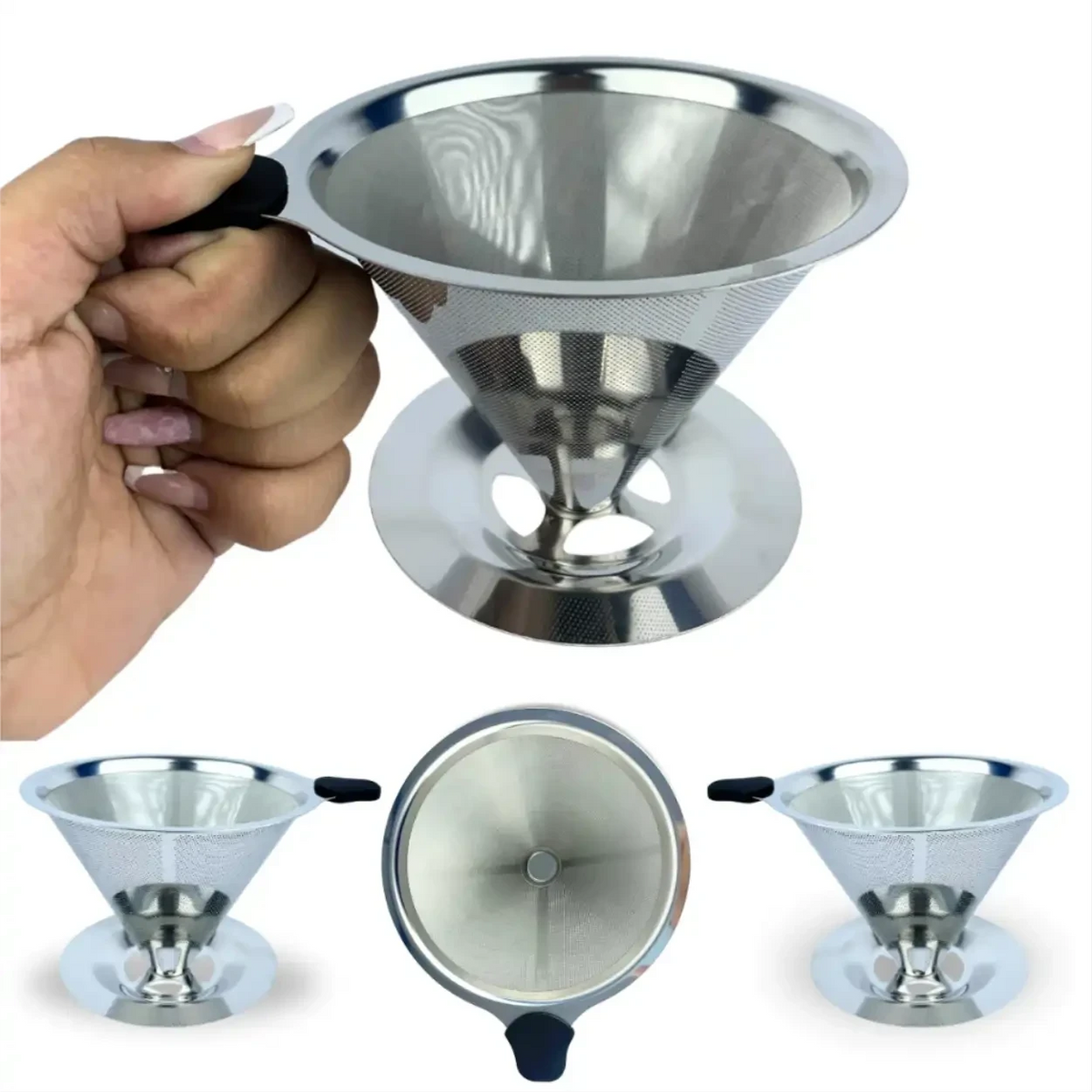 Filtro de café reutilizável Decoricasa tamanho 103 em aço inox com malha fina e alça de silicone preta