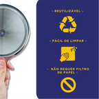 Filtro de café reutilizável Decoricasa em aço inox com ícones informativos sobre sustentabilidade e limpeza