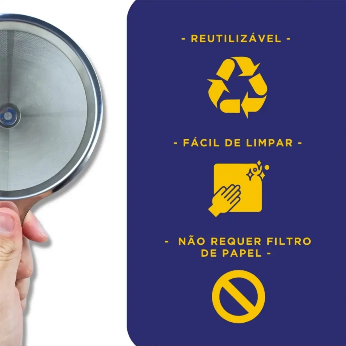 Filtro de café reutilizável Decoricasa em aço inox com ícones informativos sobre sustentabilidade e limpeza
