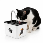 Gato bebendo água em fonte Decoricasa AquaPet Pro branca com estampa de patinha e desenho de gato