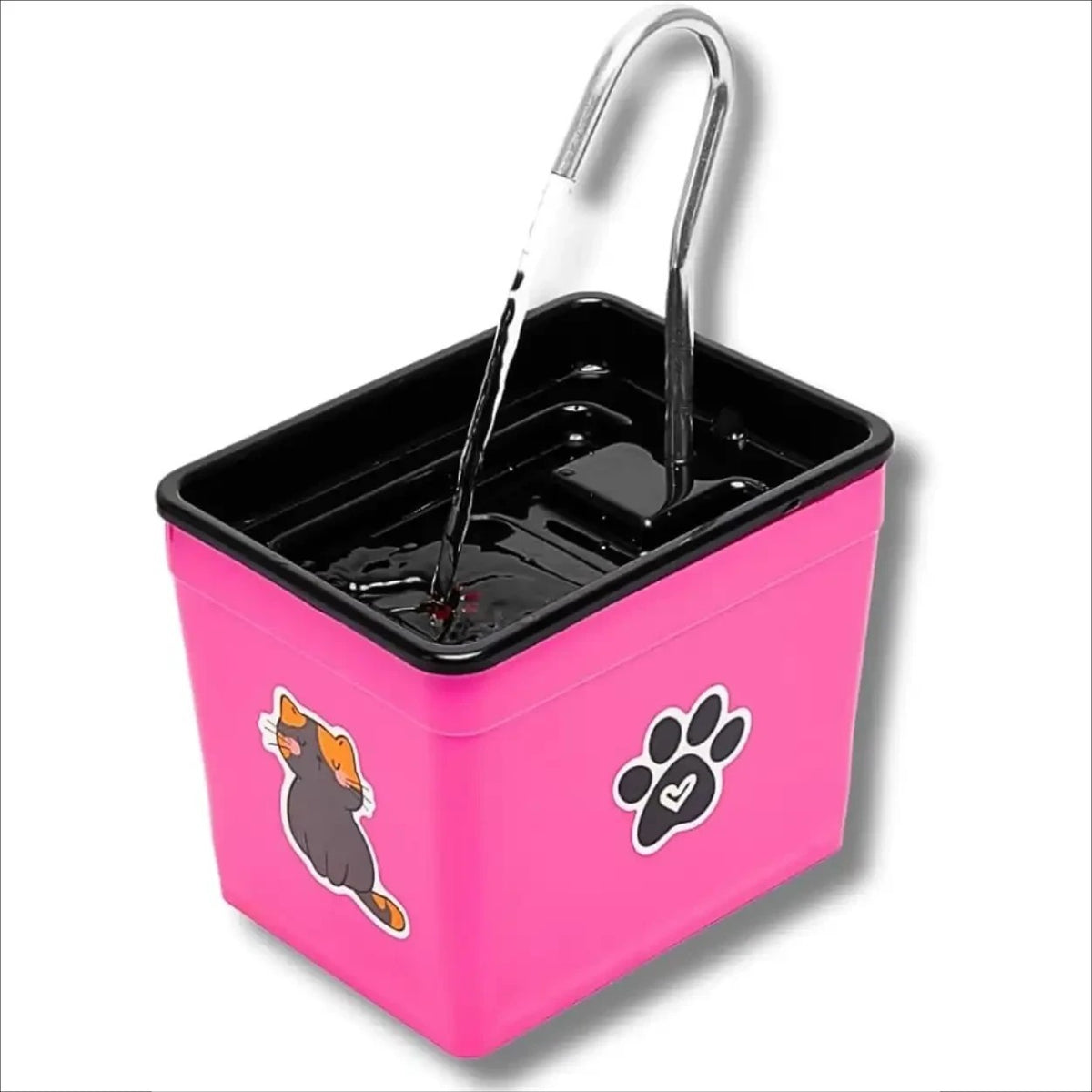Fonte de água Decoricasa rosa para pets com torneira metálica, adesivos de gato e pata, ideal para cães e gatos.