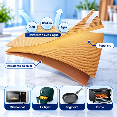 Forma de papel descartável CleanFry Decoricasa resistente ao calor e óleo para air fryer, micro-ondas e forno.