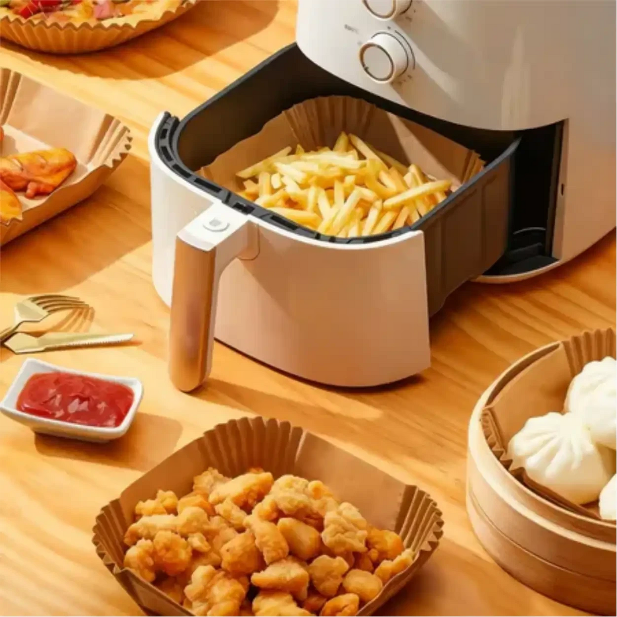 Forma de papel descartável CleanFry Decoricasa dentro de air fryer branca com batatas fritas e petiscos