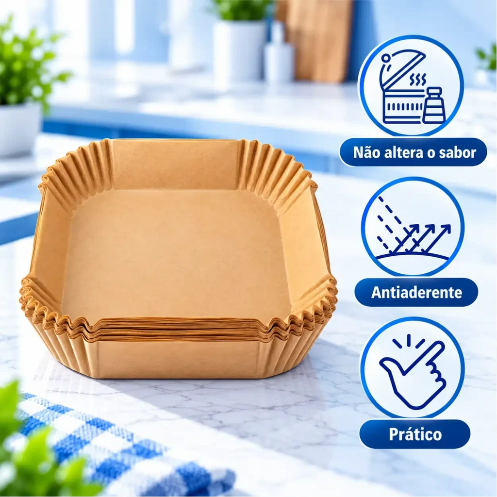 Forma de papel descartável Decoricasa para air fryer, cor marrom, antiaderente e resistente ao calor em bancada