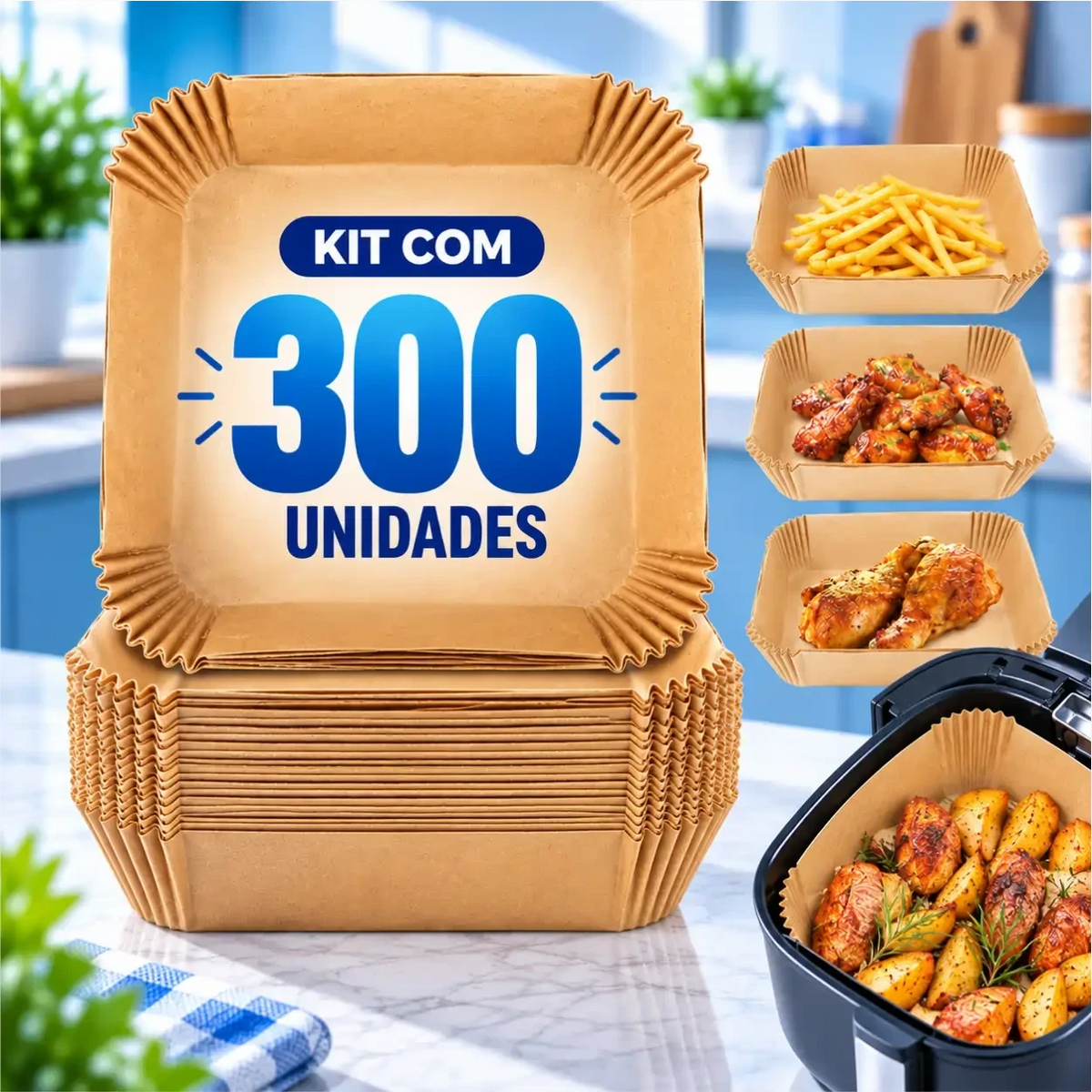 Kit com 300 formas de papel descartáveis Decoricasa para air fryer, na cor marrom, ideais para manter a cesta limpa.