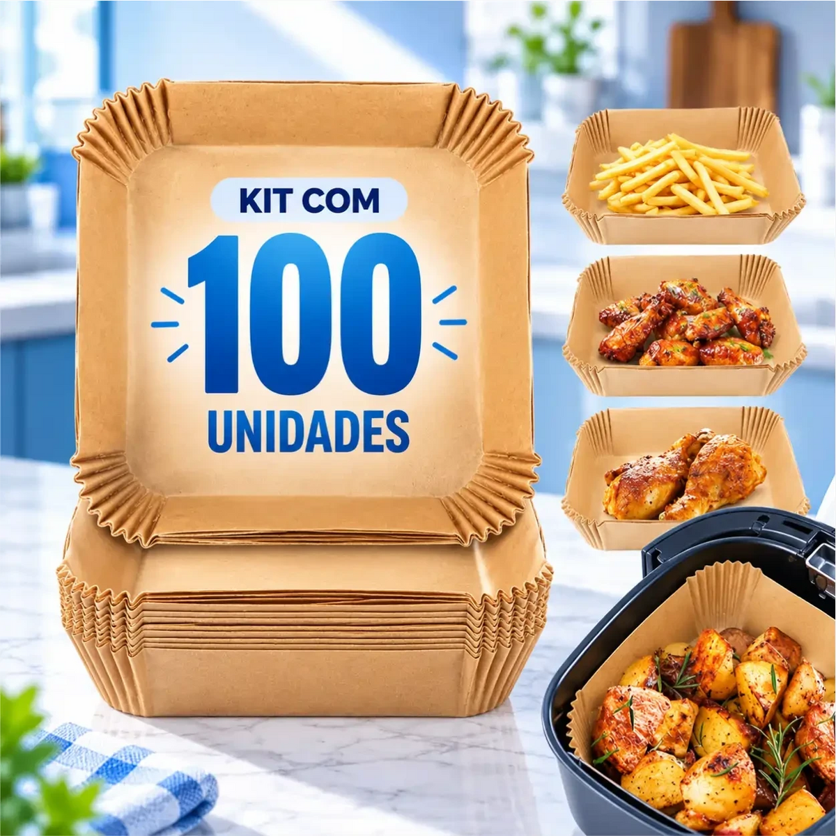 Kit com 100 formas de papel descartáveis Decoricasa para air fryer, quadradas, antiaderentes e resistentes ao calor.