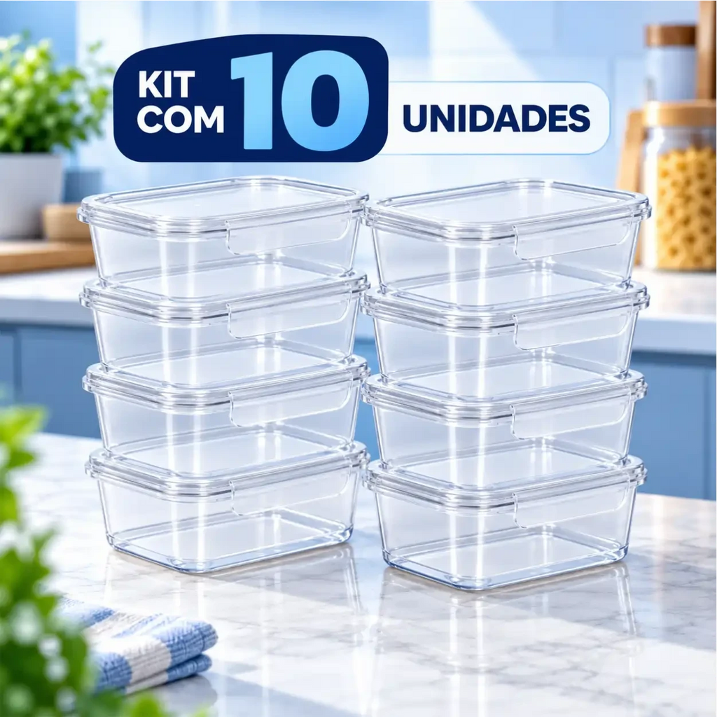 Kit com 10 marmitas transparentes empilháveis Decoricasa com travas laterais para armazenamento de alimentos