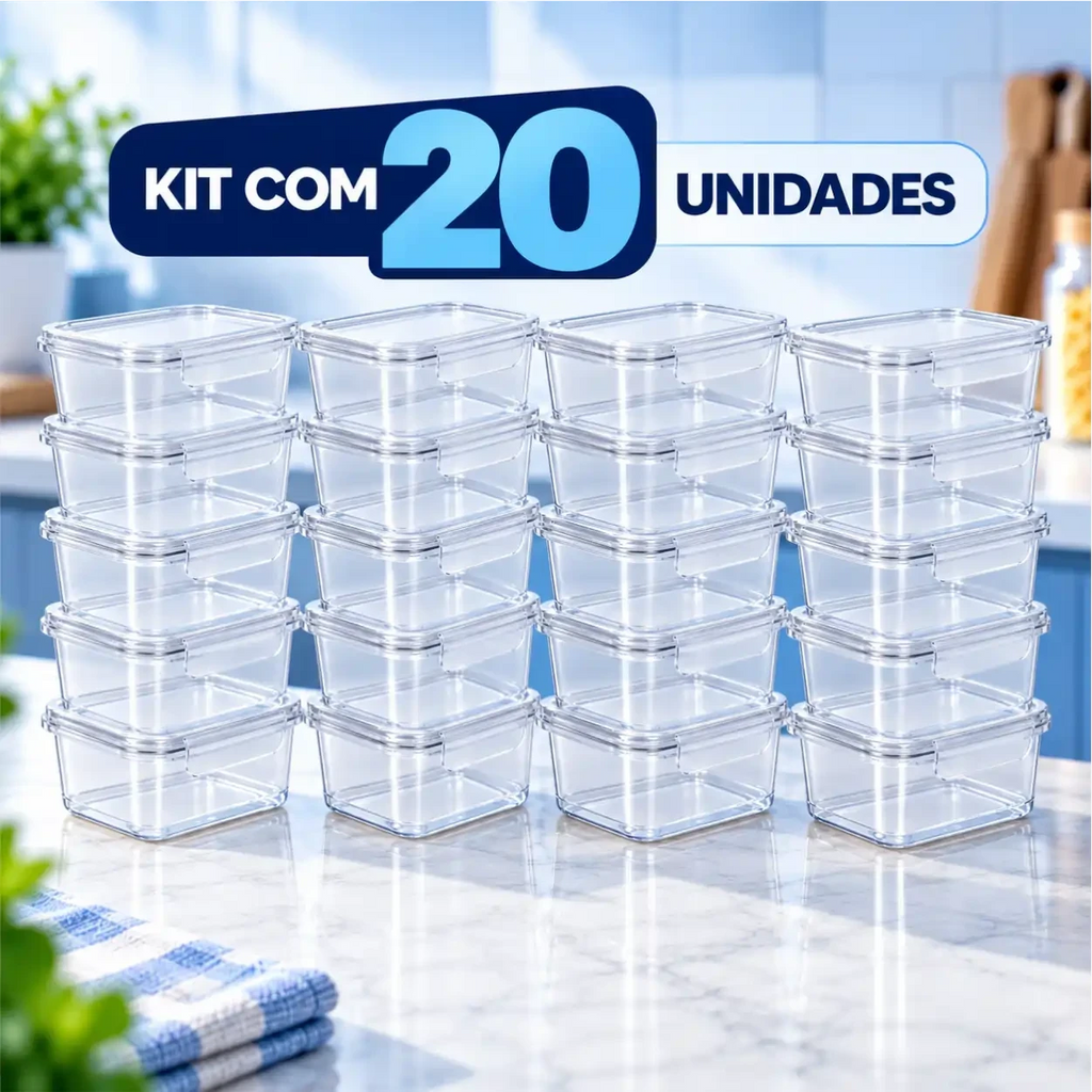 Kit com 20 marmitas transparentes Decoricasa empilháveis com travas laterais herméticas para organização de refeições