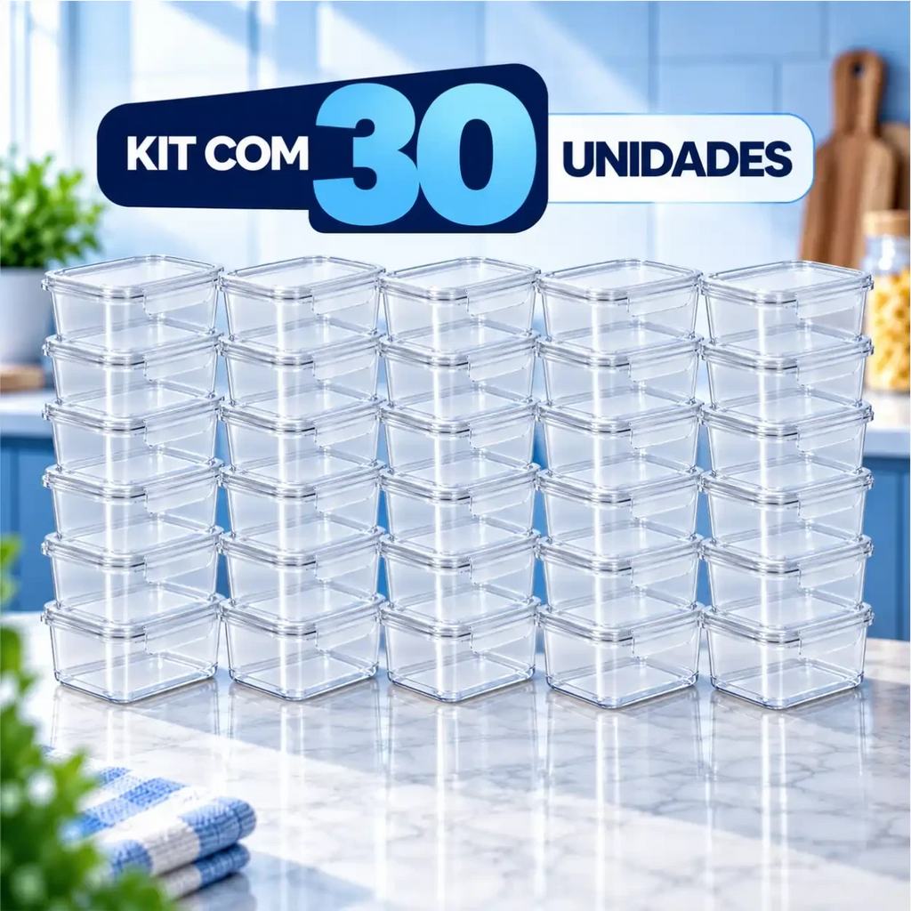 Kit com 30 marmitas transparentes Decoricasa empilháveis com travas herméticas para organizar refeições na cozinha
