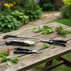 Kit de ferramentas de jardim Decoricasa com tesouras e serra dobrável em aço inox sobre mesa de madeira no jardim