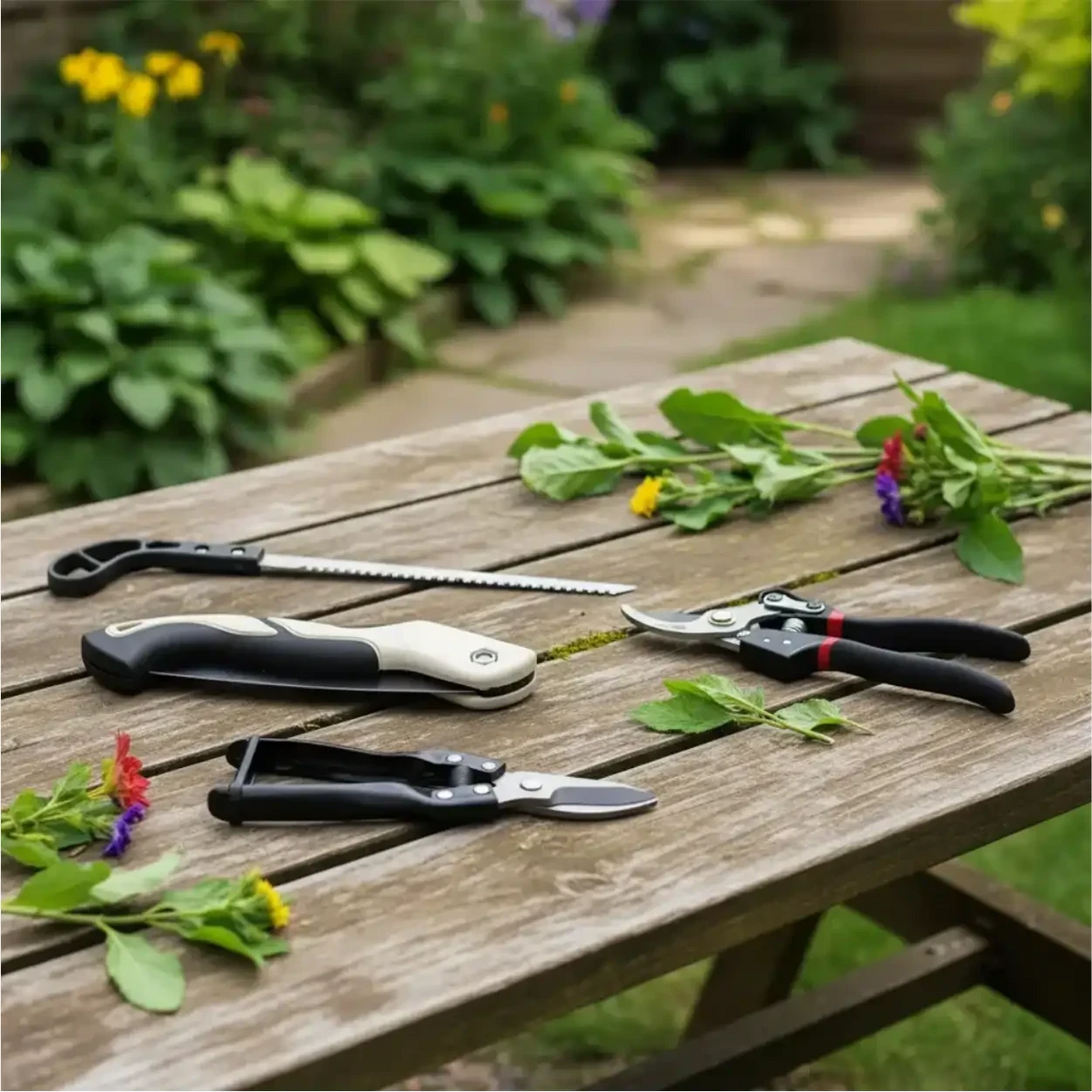Kit de ferramentas de jardim Decoricasa com tesouras e serra dobrável em aço inox sobre mesa de madeira no jardim
