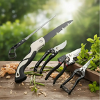 Kit de ferramentas de jardim Decoricasa com 5 peças em aço inox, incluindo tesouras de poda e serra dobrável sobre mesa.