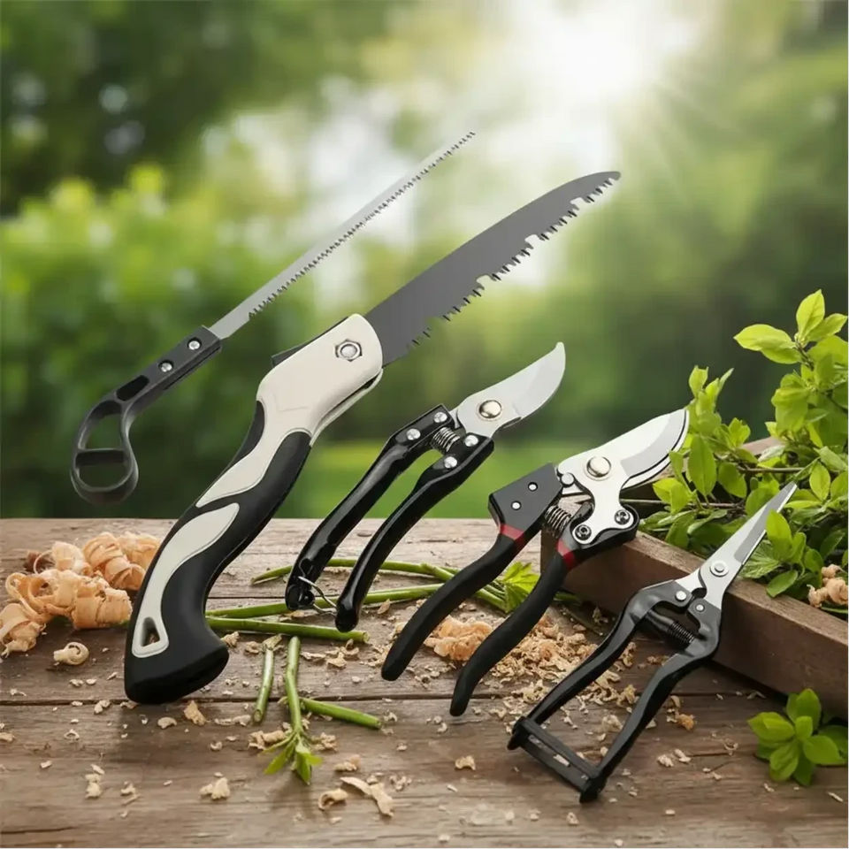 Kit de ferramentas de jardim Decoricasa com 5 peças em aço inox, incluindo tesouras de poda e serra dobrável sobre mesa.
