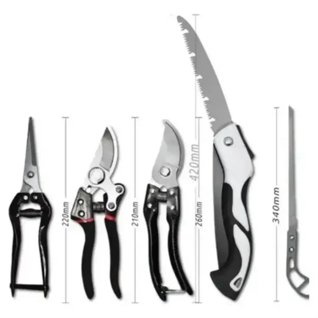 Kit de ferramentas de jardim Decoricasa com 5 peças em aço inox, incluindo tesouras de poda e serra dobrável.