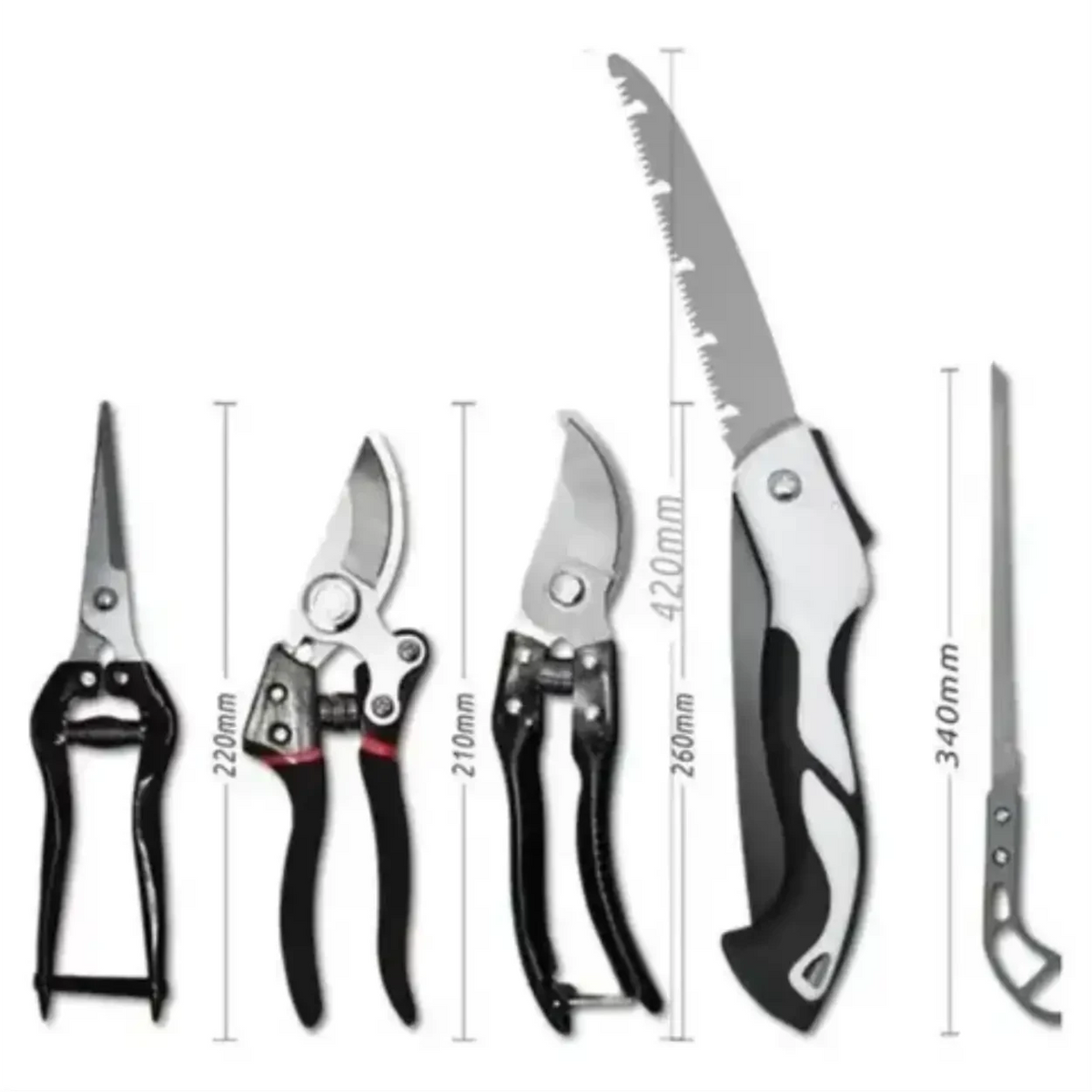 Kit de ferramentas de jardim Decoricasa com 5 peças em aço inox, incluindo tesouras de poda e serra dobrável.