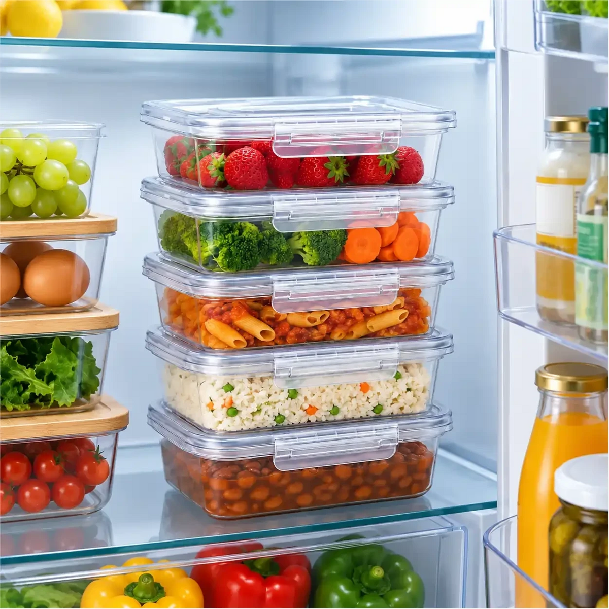 Kit de 10 marmitas Decoricasa transparentes e empilháveis com travas laterais, organizadas dentro da geladeira.